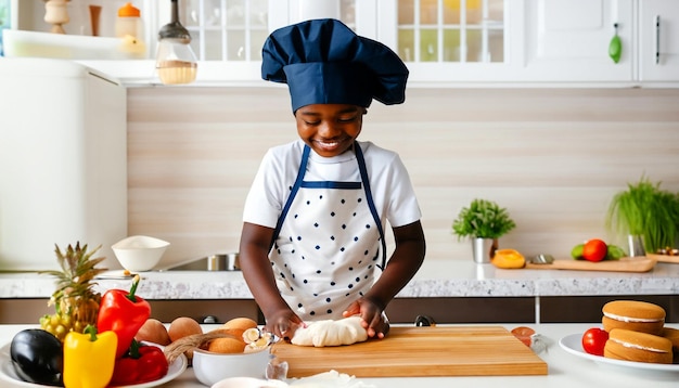Minúsculo mestre culinário Pequeno cozinheiro em avental e chapéu de chef preparando deleites deliciosos uma culinária