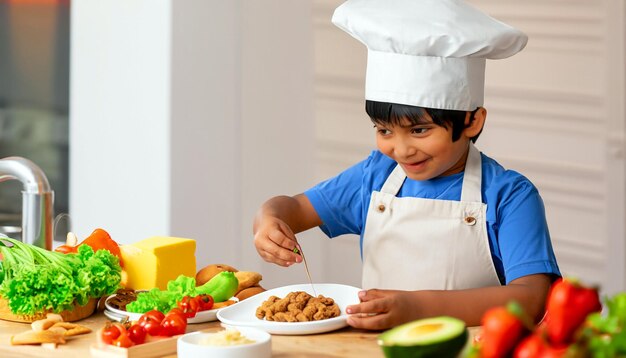 Minúsculo mestre culinário Pequeno cozinheiro em avental e chapéu de chef preparando deleites deliciosos uma culinária