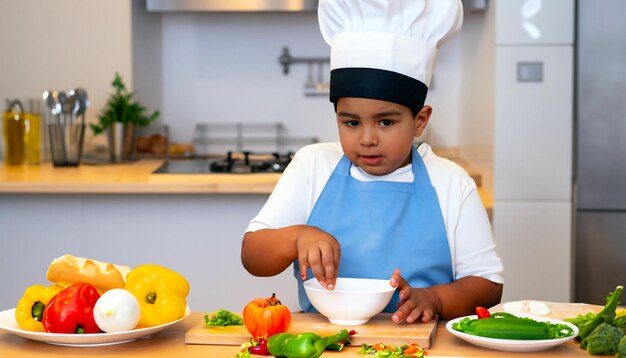 Minúsculo mestre culinário Pequeno cozinheiro em avental e chapéu de chef preparando deleites deliciosos uma culinária