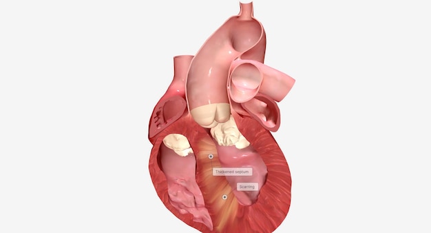 Foto la miocardiopatía hipertrófica ocurre cuando las células musculares del corazón se agrandan y las paredes de los ventrículos se engrosan.