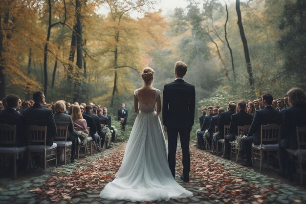 Mira desde detrás del altar de la boda a la alegre pareja de bodas durante la ceremonia