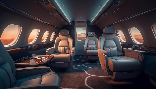 Una mirada al interior de un jet privado con las ventanillas abiertas.