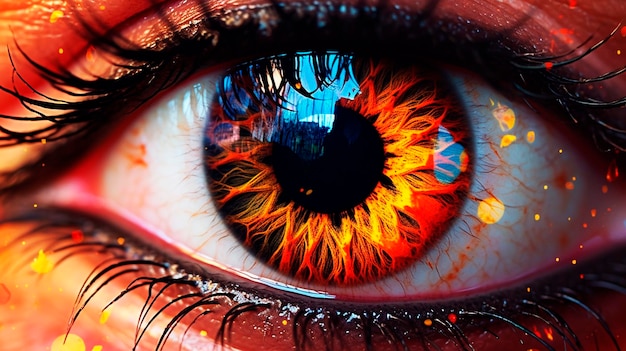 Mirada ardiente Primer plano del ojo con bola de fuego Iris IA generativa