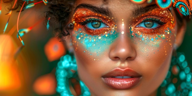 La mirada cautivadora de una mujer se ve realzada por el vibrante maquillaje de ojos inspirado en el festival con brillo brillante y tonos de joyas