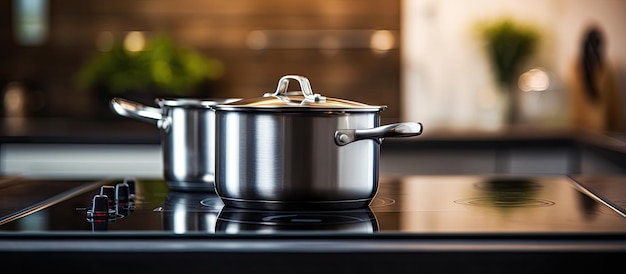 Foto una mirada centrada en una olla metálica sobre una elegante estufa en una cocina contemporánea