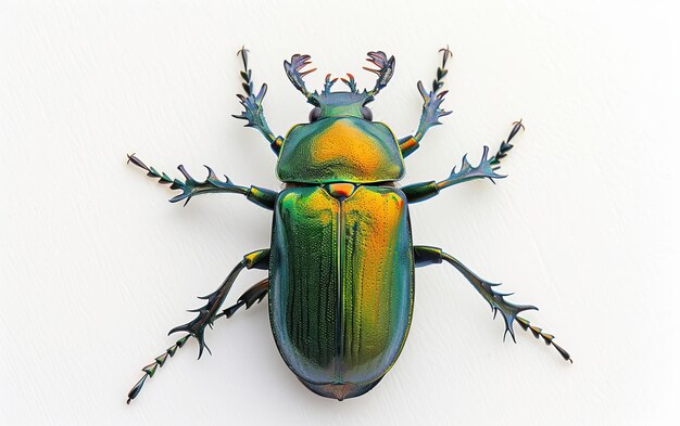 Foto una mirada de cerca al escarabajo verde brillando sobre un fondo blanco