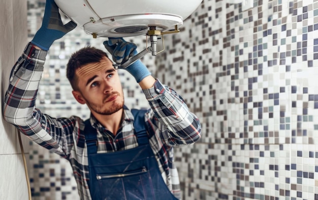 Con una mirada de determinación un fontanero asegura la instalación correcta de un calentador de agua en un baño con patrón