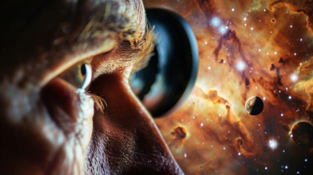 Foto la mirada enfocada de un astrónomo mirando a través de un ocular a un planeta lejano o estrella perdida en