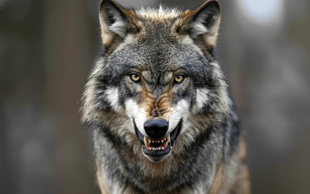 Foto la mirada enojada del lobo gris perfora el camello que se aproxima