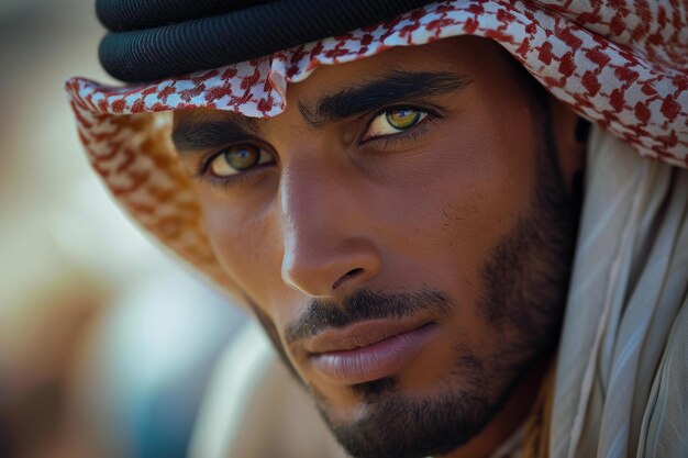 Foto la mirada intensa de un joven con un tocado árabe tradicional