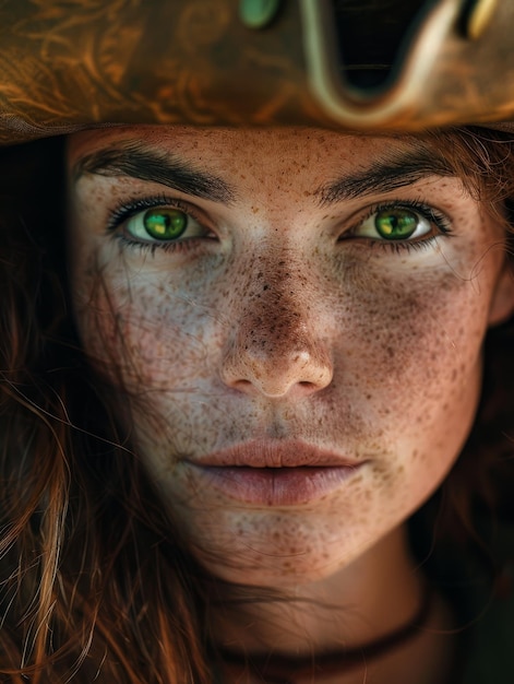 La mirada intensa de una mujer joven con sorprendentes ojos verdes y pecas