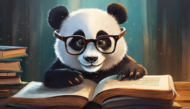 Una mirada de nerd panda leyendo libros