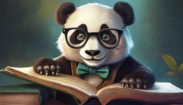 Una mirada de nerd panda leyendo libros