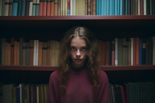 La mirada oscura de la mujer entre las librerías