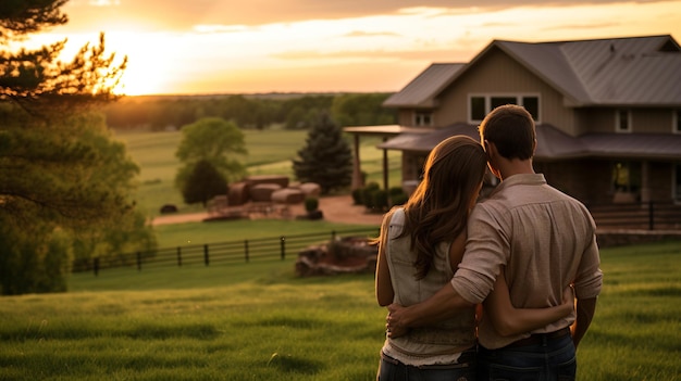 Foto la mirada serena de la pareja del abrazo dorado sobre la idílica granja