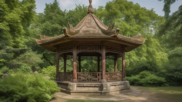 Un mirador de estilo chino en un parque con árboles y un fondo de cielo