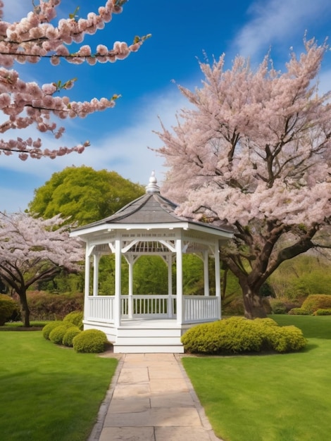 Foto un mirador de madera blanca rodeado de flores de cerezo en flor