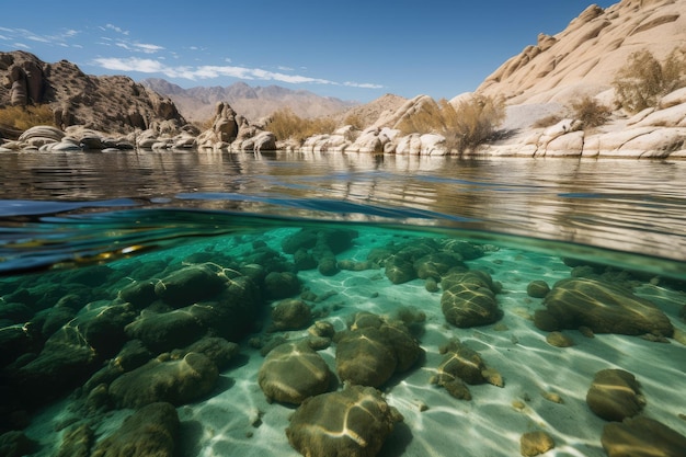 Miragem do deserto de lago cristalino com peixes nadando abaixo criado com IA generativa