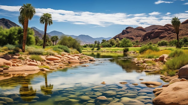 Foto miragem do deserto um oásis de sonho refletido na água quieta