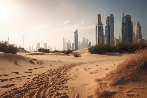 Miragem no deserto de arranha-céus que refletem a modernidade e o avanço da cidade