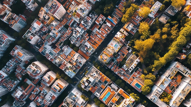 Mirando hacia abajo a una ciudad desde arriba se pueden ver las filas ordenadas de casas y los espacios verdes en el medio