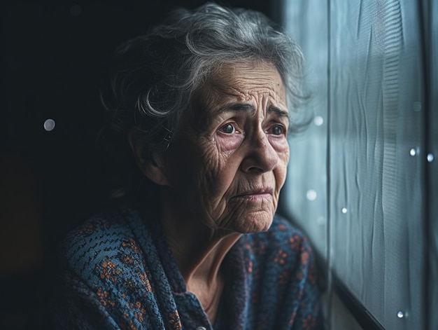 Mirando hacia atrás con tristeza Una anciana mirando a través de una ventana rayada por la lluvia