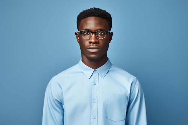 Mirando a la brillantez de la juventud africana que emana confianza en la camisa azul y las gafas contra los aislados