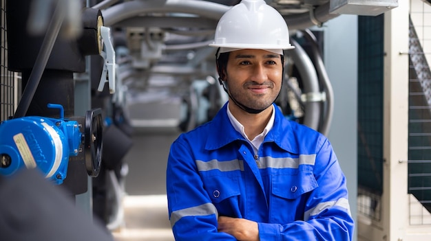 Mirando a la cámara y sonriendo Retrato guapo ingeniero profesional confiado hombre vestido con uniforme de seguridad y casco duro en el lugar de trabajo de la fábrica industrial