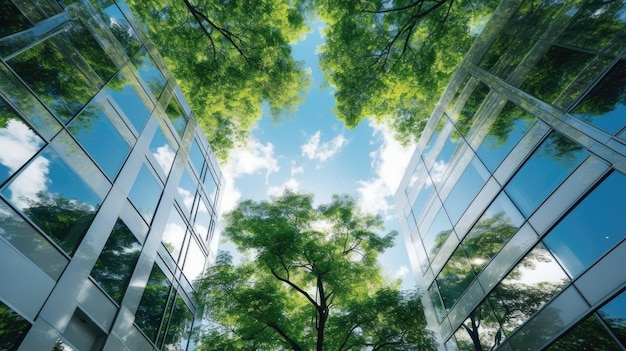 Mirando hacia el cielo vista de cerca de las ventanas de la oficina con un reflejo del entorno del árbol verde Imagen generativa de IA weber