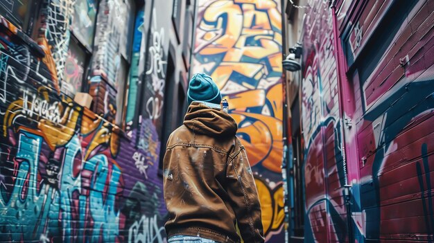 Mirando los coloridos graffiti en las paredes de un callejón de la ciudad un joven con una lata de spray en la mano se inspira para crear su propio trabajo de ar