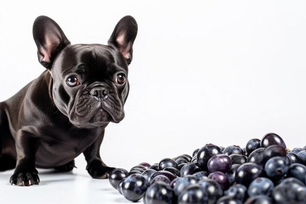 Mirando comida lindo bulldog francés negro posando aislado sobre fondo blanco de estudio