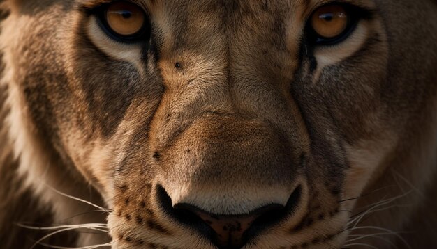 Foto mirando felino cerca retrato de una melena majestuosa de león generada por inteligencia artificial