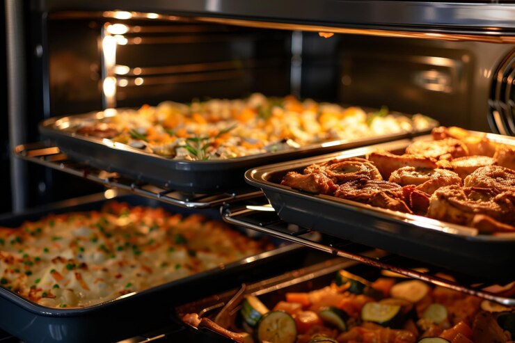 Mirando hacia un horno lleno de platos para el almuerzo