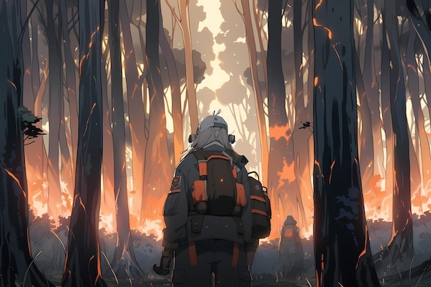 Mirando un incendio forestal que se propaga a través de un anime forestal