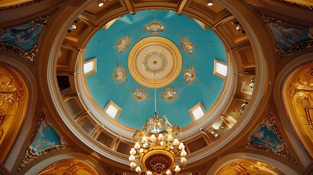 Mirando hacia el ornamentado techo de una gran sala con sus hermosas decoraciones azules y doradas y una gran lámpara colgando del centro