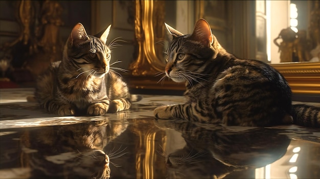 Mirando el reflejo de los gatos frente al espejo