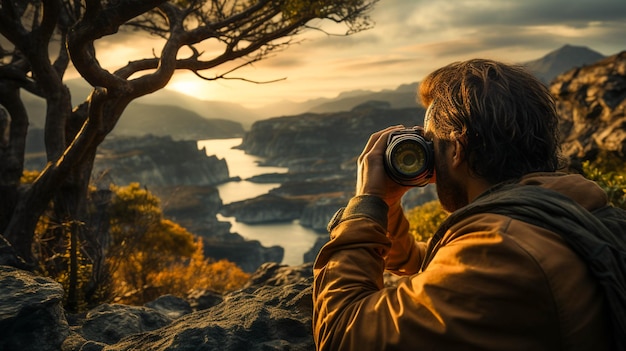 Mirando la vista a través de un binocular