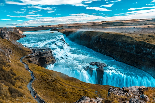 Mirante da cachoeira Gullfoss no círculo dourado do sul da Islândia