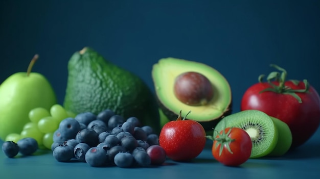 Mirtilos tomates cereja abacates brócolis kiwis e maçãs verdes em um fundo azul são exemplos de frutas e vegetais Generative AI