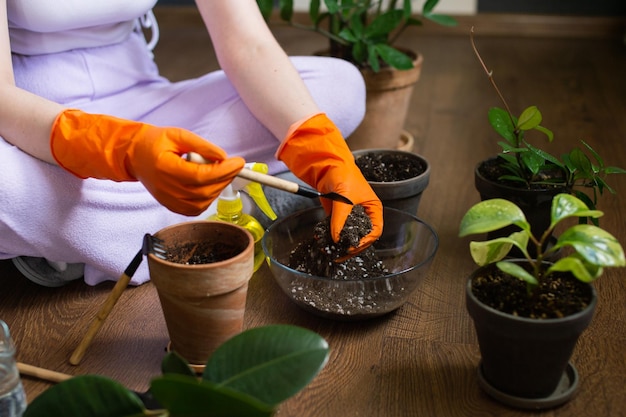 Mischen Sie die Erde für Zimmerblumen und gießen Sie Erde in den Topf