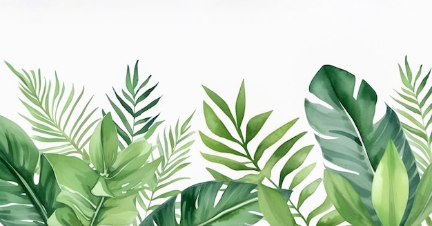 Mischen Sie grüne tropische Blätter auf weißem Hintergrund mit Aquarell-Handmalerei Ai generiert