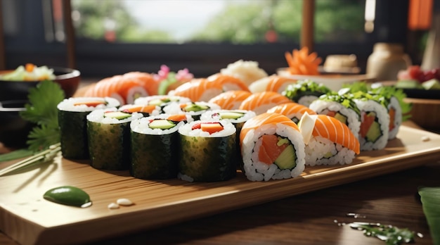 Mischen Sie Sushi-Rollen auf einem Tablett mit Wasabi