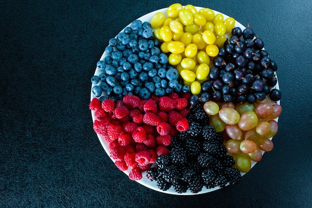 Mischung aus farbigen Beeren in einem runden Teller durch Dreiecke geteilt