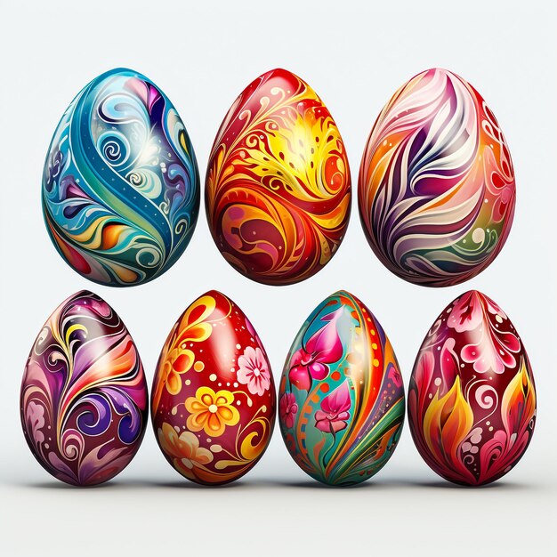 Mischung aus farbigen Eiern mit traditionellen Mustern