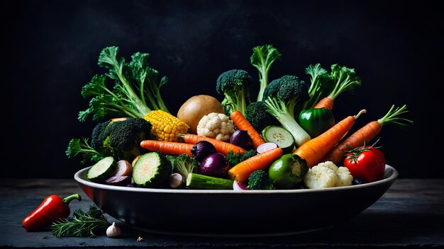 Mischung aus gekochtem Gemüse in einer Schüssel, eine Vielfalt aus gegrilltem Gemüse auf einer schüssel auf einem abstrakten Hintergrund, Zucchini 8K