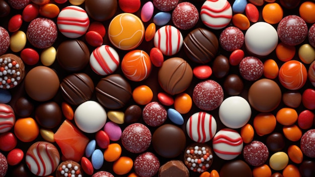 Mischung aus Schokoladenbonbons Verschiedene Süßigkeiten Schokoladentrüffel und Bonbons Hintergrund Generative KI-Illustration