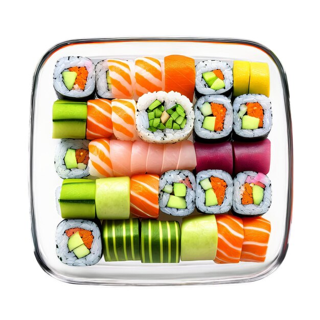 Mischung von farbenfrohen Sushi-Rollen in einer quadratischen Glasschüssel, die von oben aufgenommen wurde