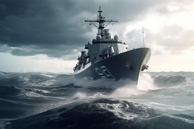 Misión naval rápida El destructor de las fuerzas especiales navega en medio de un helicóptero en mar abierto