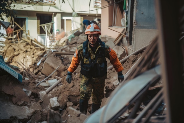 Misión de rescate después del terremoto Hombre con uniforme protector y casco AI generativa