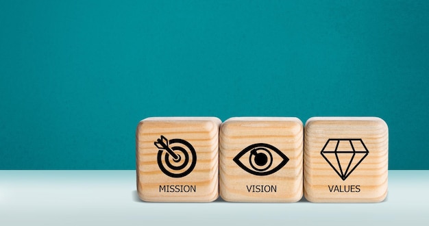 Misión visión y valores de la empresa Propósito concepto de negocio Cubo de madera Presentación de negocios